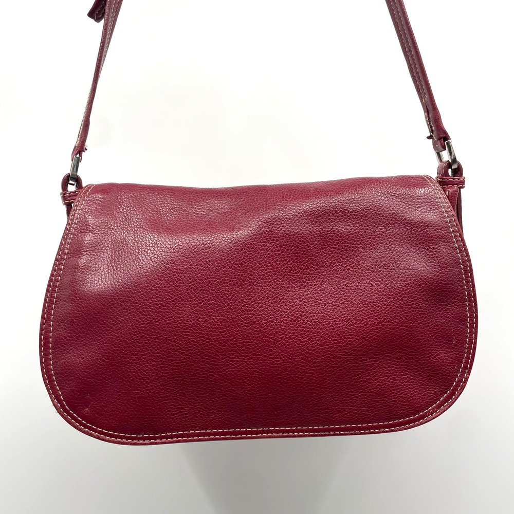 Burgundy‎ Pebbled Leather Crossbody Bag Contrast Stitch Messenger Purse Red
